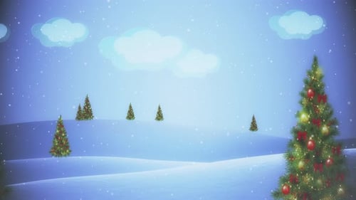 Festive Christmas Trees with Falling Snow in Winter Landscape