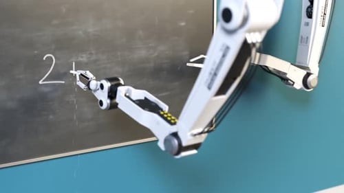 Sci-fi concept of the advanced futuristic robot writing simple math equation.
