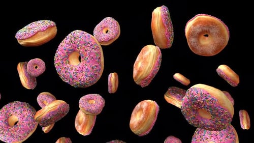 Pink Frosted Donuts with Sprinkles Falling on Black Background Loop