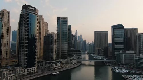 Dubai Marina in the Evening Reflections on Skyscrapers Yachts in the Docks