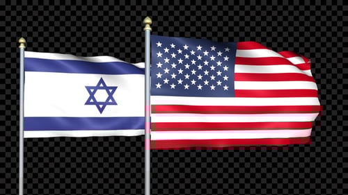 Waving Flags of Israel and United States on Flagpoles with Alpha Channel