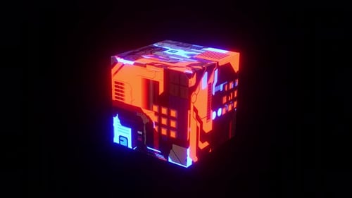 Glowing Futuristic Circuit Cube Rotating Loop Background