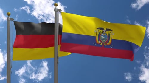 Waving Flags of Germany and Ecuador Against Blue Sky