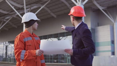 Young Manager of the Project in a Black Suit Examining the Building Object with Construction Worker