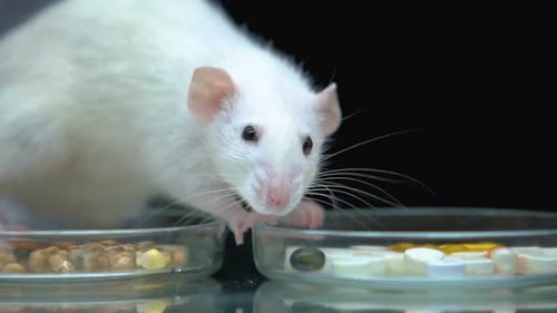 White Rat Eating Food and Pills Close Up
