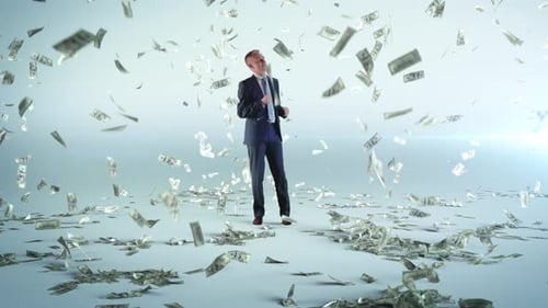 Cheerful Businessman Dancing Under Money Rain