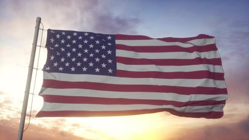 Realistic American Flag Waving Against a Sunset Sky