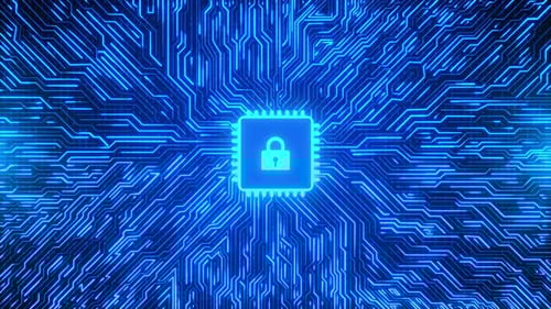 Animated Digital Circuit Board with Glowing Security Padlock