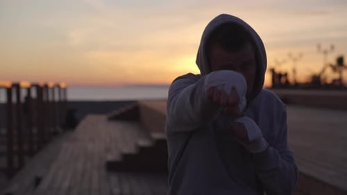 Hooded Boxer Training at Beach at Sunset