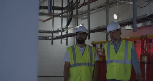 Engineers Walking and Talking Inside Power Plant