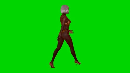 Graceful Gait of a Darkskinned Girl with White Hair in a Swimsuit