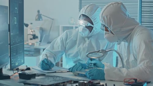 Scientists Examining Computer Components in a Lab