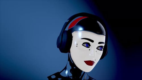 Netter Cyber Girl Android Künstliche Intelligenz Dj im Kopfhörer Tanzen