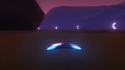 Futuristic Spaceship Flying Through a Neon Alien Landscape