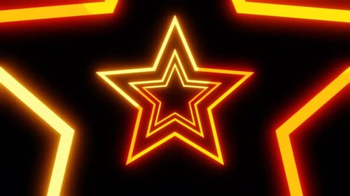 Abstrakte orangefarbene Gradient Neonsterne Tunnelanimation auf schwarzem Hintergrund