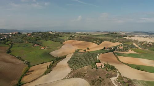Aerial View of a Rural Landscape in Tuscany. Rural Farm, Vineyards, Cypress Trees, Sunlight and