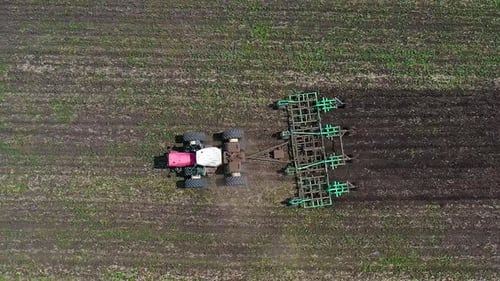 Aerial View Tractor Plow Cultivating Field