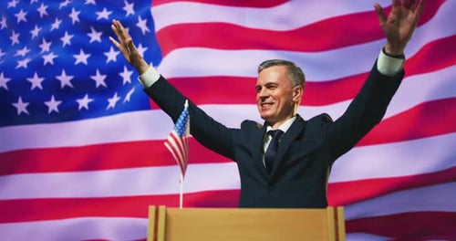 Man Giving Speech with American Flag Background