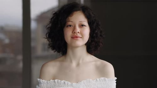 Female Portrait Closeup Front View Alone Beautiful Caucasian Ethnic Girl Brunette Lady Teenager