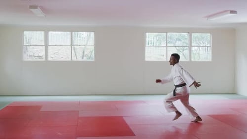 Karateka kicking in the air