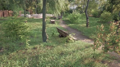 Serene 3D Animated Park Scene with Walking Path and Benches