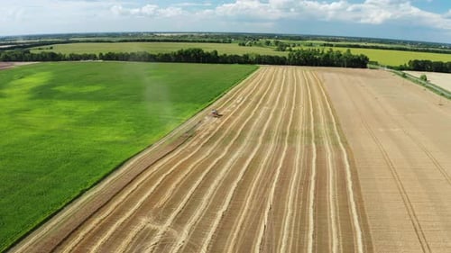 Aerial View of Combine Harvesters on Wheat Field