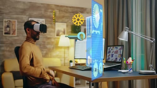 Ingenieur mit VR-Headset arbeitet im virtuellen Raum und entwirft einen neuen Motorprototyp auf Augmented
