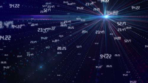 Futuristic Digital Data Flow Background with Numbers and Light Beams