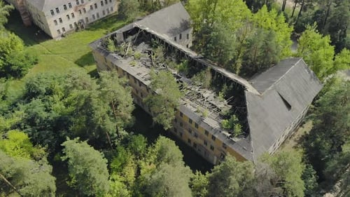 Abandoned Building with Nature Growing Inside, Aerial View