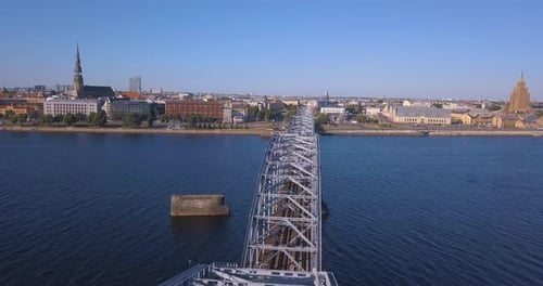 Train Bridge over river Daugava in Riga.