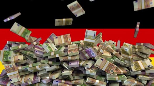 Falling Euro Money on German Flag Background