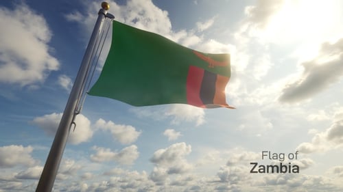 Realistic Waving Flag of Zambia with Blue Sky and Clouds