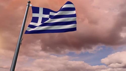 Greece National Flag Waving in Dramatic Cloudy Sky Loop