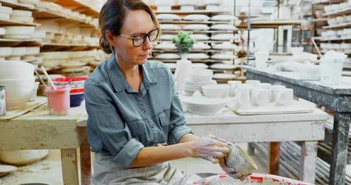 Femme potière regardant une tasse moulée 4k
