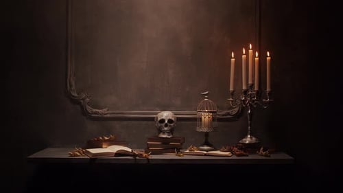 Mystischer Halloween-Stillleben-Hintergrund. Schädel, Kerzenständer mit Kerzen, alter Kamin.