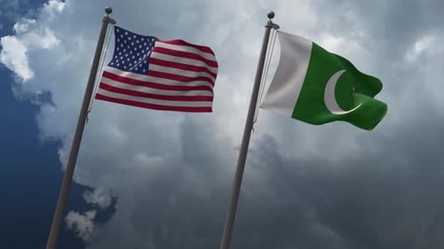 United States and Pakistan Flags Waving in Cloudy Sky