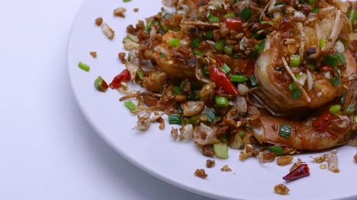 Close-up Footage of Spicy Chilli and Garlic Shrimp, One of Famous Thai Street Food Dish