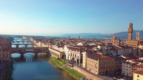 Aerial View. Florence Ponte Vecchio Bridge and City Skyline in Italy. Florence Is Capital City of