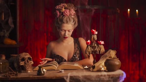 Woman Reads an Old Book by Candlelight Indoors