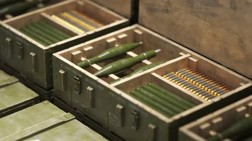 Opened military box with RPG projectiles and rifle ammunition. Endless stack. 4K