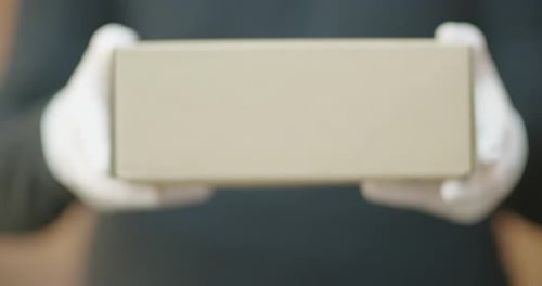 Hands in Gloves Holding Plain Cardboard Box