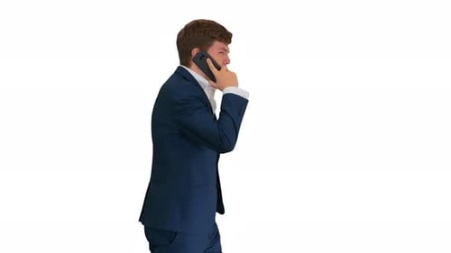 Man in Suit Walking and Talking on Phone