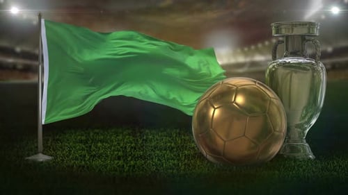 Waving Green Flag with Gold Soccer Ball and Silver Trophy
