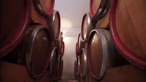 Wine Barrels Stacked Inside Wine Cellar