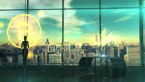 Futuristic Holographic Bitcoin Interface with City View