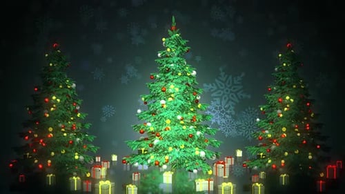 Animated Christmas Trees with Gifts and Falling Snowflakes Background