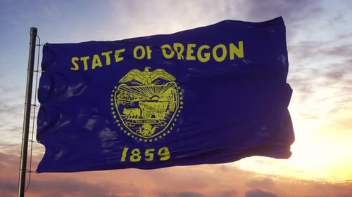 State of Oregon Flag Waving at Sunset