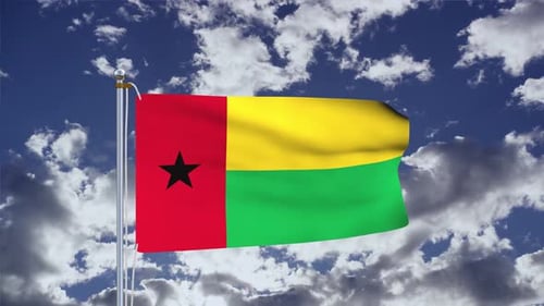 Realistic Guinea-Bissau Flag Waving Against Cloudy Blue Sky