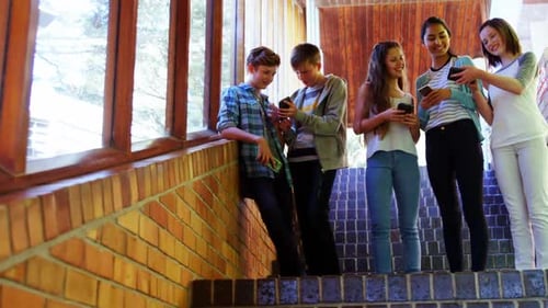 Group of smiling school friends using mobile phone in corridor