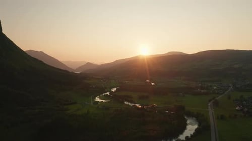 Drone Towards Tranquil Mountain Landscape Towards Sunset